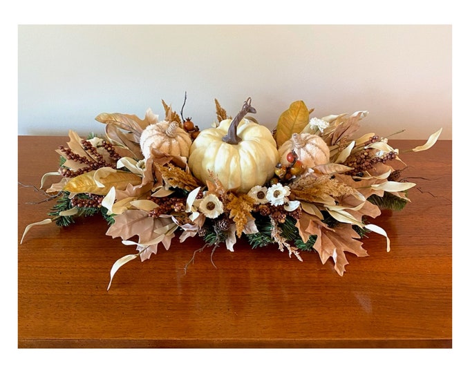 Neutral Fall Centerpiece – Pumpkin Arrangement for Table or Mantel ...