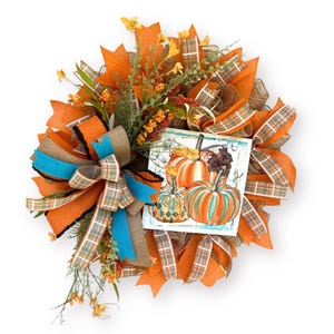 Teal and Orange Pumpkin Wreath for Fall, Whimsical Front Door Decor, Bright Autumn Wreath, Handmade Farmhouse Porch Decoration