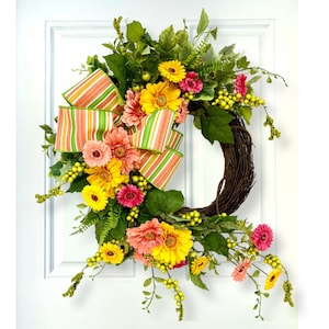 Daisy Summer Wreath for Front Door, Colorful Gerbera Daisy Grapevine Porch Decor, Colorful Floral Grapevine Wreath for Summer