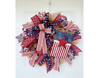 Primitive Patriotic Flag Wreath for Front Door, Rustic Stars and Stripes Decor, Every Day Burlap Flag Decoration, Fourth of July Welcome