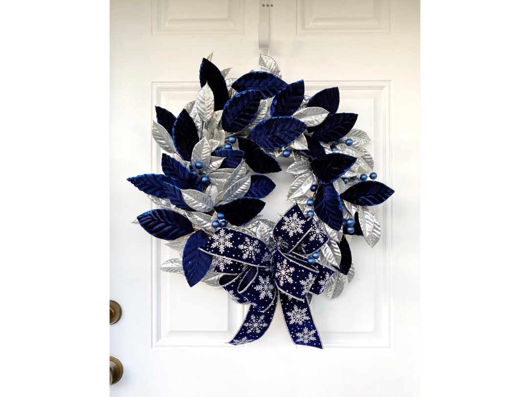 Elegant Navy and Silver Winter Wreath for Front Door, Velvet and ...