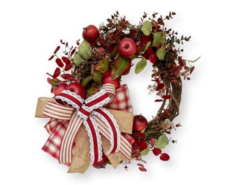 Luxury Apple Fall Wreath for Front Door – Handmade Grapevine Wreath with Red Apples, Plaid Bow, Farmhouse Autumn Decor, Rustic Wreath