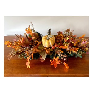 Fall Thanksgiving Table Centerpiece, Pumpkin and Berry Arrangement, Autumn Table Decor, Rustic Faux Floral Dining Table Arrangement