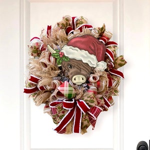 Highland Cow Christmas Wreath, Merry Christmas Cow Door Decor, Highland Cow with Santa Hat Christmas Decor, Holiday Door Decor