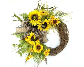 Rustic Sunflower Grapevine Wreath for Front Door, Yellow Floral Porch Decor for Summer, Farmhouse Sunflower Wall Hanger