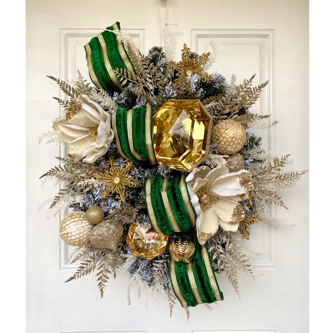 Jeweled Christmas Wreath, Luxury Door Decor, Elegant Gold and Green ...
