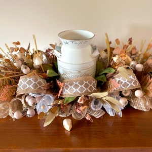 Neutral Fall Centerpiece with Milk Can, Rustic Farmhouse Table Decor with Dried Florals, Burlap Ribbon, and Ivory Berry Accents
