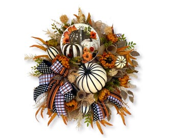 XL Fall Door Wreath with Black White Pumpkins, Large Halloween Front Porch Decor, 31x32 Inch Autumn Wreath with Sunflowers, Harvest Wreath