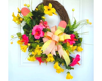 Tropical Hibiscus Wreath for Front Door, Summer Floral Island Wreath, Tropical Porch Decor, Colorful Patio Wreath, Popsicle Grapevine Wreath