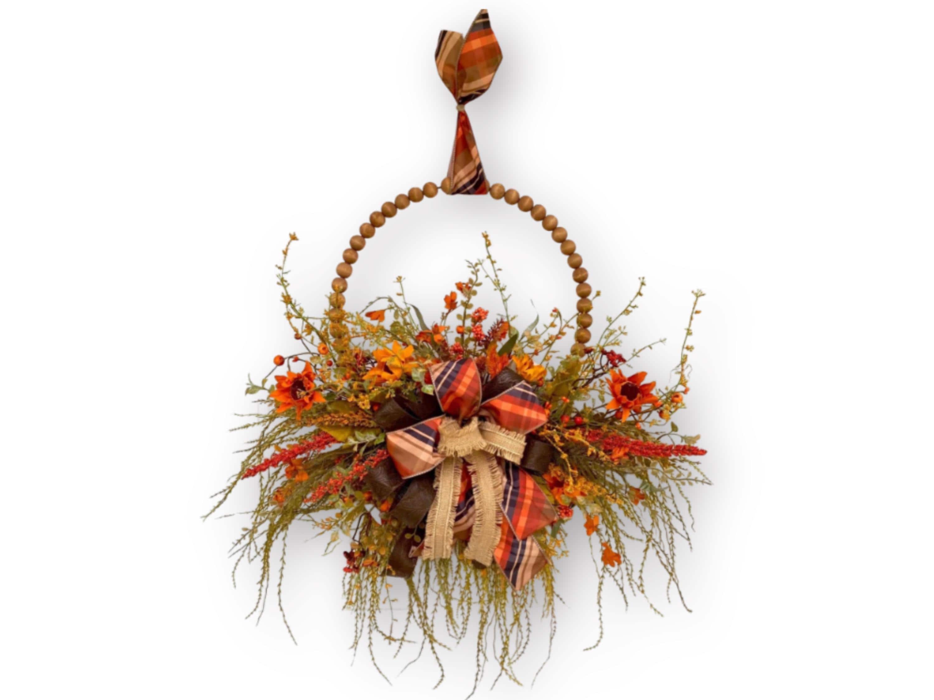 Beaded Hoop Fall Wreath with Sunflowers and Plaid Bow| Wildflower Autumn Door Decor | Ready to Ship Rustic Fall Wall Hanging | Fall Porch
