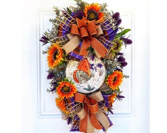 Elegant Sunflower and Butterfly Wreath for Front Door,  Decomesh Wreath with Colorful Florals for Porch, Butterfly Door Decor