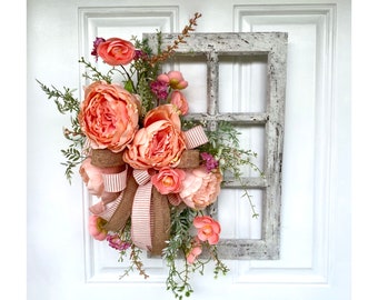 Rustic Peach Peony & Ranunculus Windowpane Wreath, Country Farmhouse Floral Wall Decor, Vintage Style Door Hanging, Faux Flower Home Accent