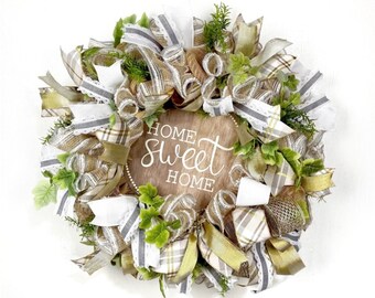 Elegant Everyday Wreath for Front Door, Neutral Home Sweet Home Wreath, Neutral Farmhouse Door Decor, Sophisticated Farmhouse Welcome Wreath