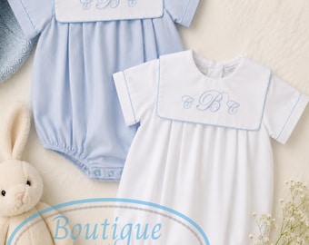 Personalized Boys Bubble Romper | Monogram Baby Boy Outfit | Heirloom Baby Bubble | Light Blue or White Bubble | Embroidered Baby Gift