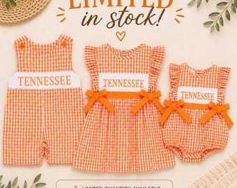 Tennessee Game Day Outfit Collection | Orange Gingham Dress, Bubble Romper and Jon Jon | Football Season Outfit for Babies & Toddlers