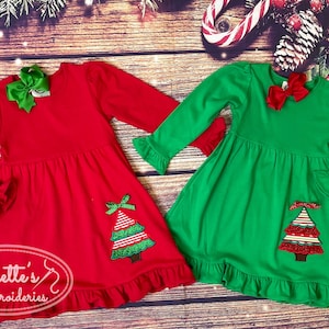 Monogramed Christmas dress / Custom Embroidered Dress / Personalized Holiday Dress / Red or Green Ruffle Dress