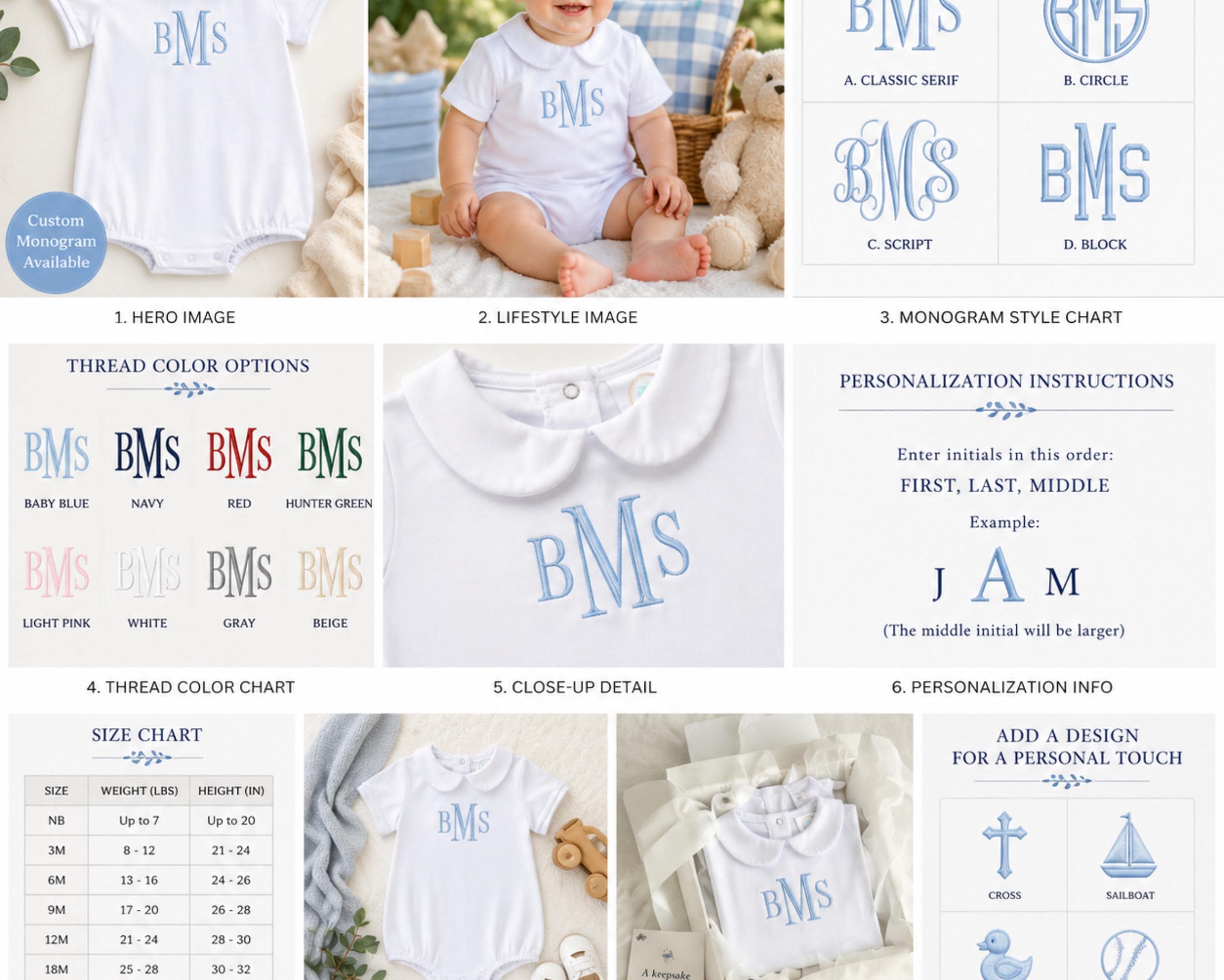Baby Boy Monogrammed Bubble Romper – Classic White Peter Pan Collar ...