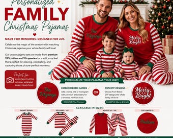 May include: Matching family pajamas featuring red and white horizontal stripes with solid red tops and green trim. The shirts display personalized text like The Fitzroys or Merry Bright. The set includes infant gowns, kids' sets, and adult loungewear.