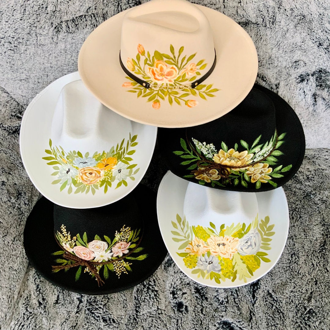 Hand Painted Hat, Wide Brim Hat, Floral Painted Hat, Sun Hat  display picture 1