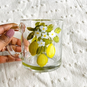 Hand Painted Floral Glass Cup, Painted Lemons Glass Mug, Tea Cup, Coffee Mug