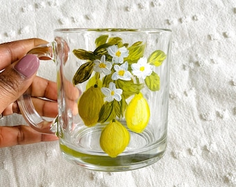 Hand Painted Floral Glass Cup, Painted Lemons Glass Mug, Tea Cup, Coffee Mug
