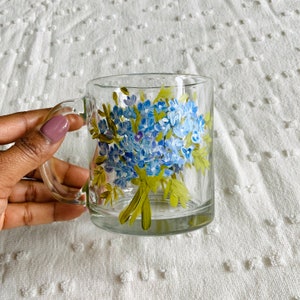 Hand Painted Floral Glass Cup, Hydrangea flower Glass Mug, Tea Cup, Coffee Mug