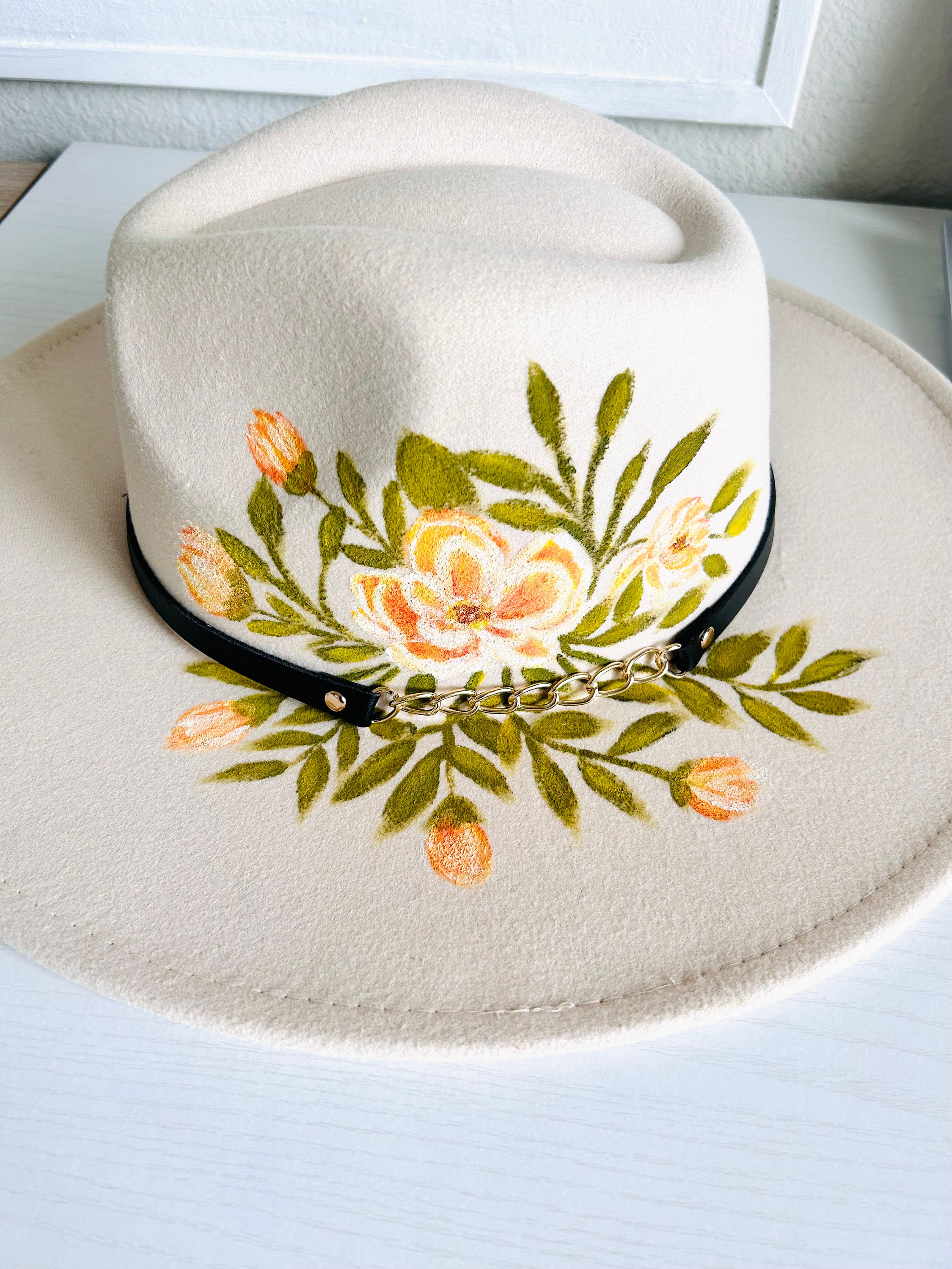 Hand-Painted Wide Brim Hat with Floral Accent - LOVE Detail Colorful floral hats ? I go through creative phases where  main image 2