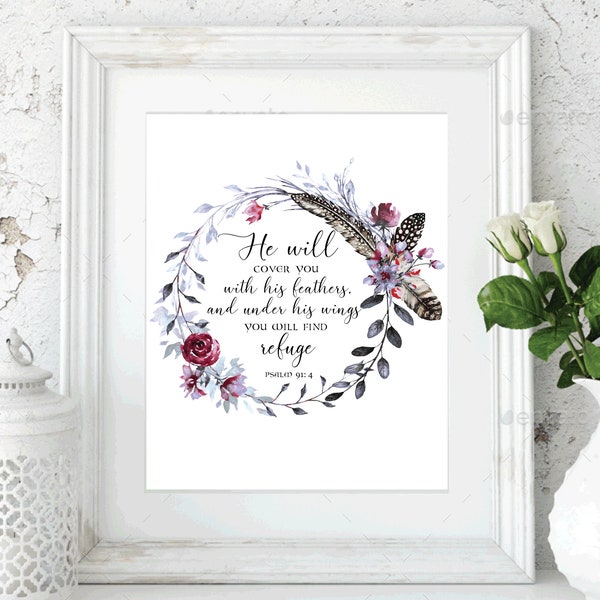 He will cover you with his feathers Psalm 91:4 printable bible verse quote scripture wall art christian home decor scripture print art