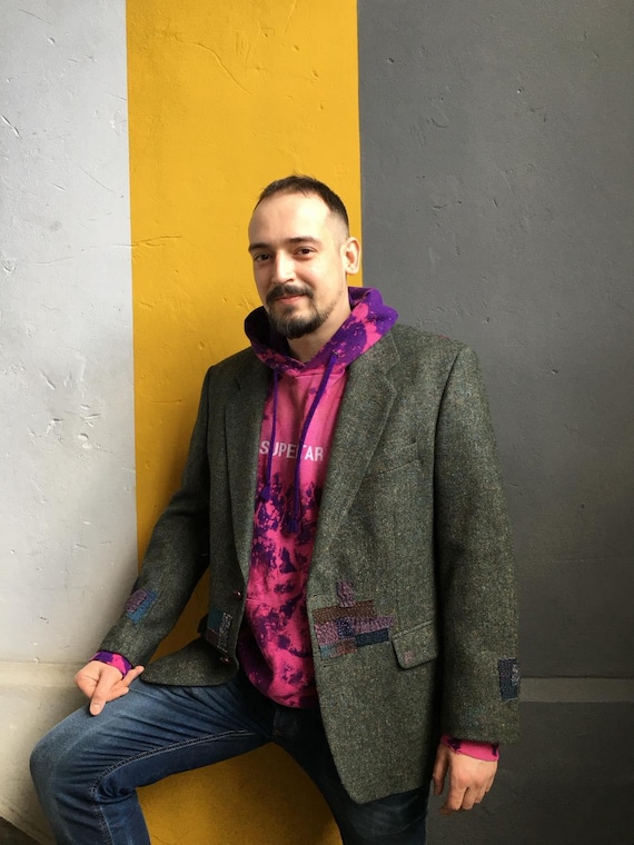 Vintage grüner Wolle Tweed Blazer, Unisex grüne Jacke