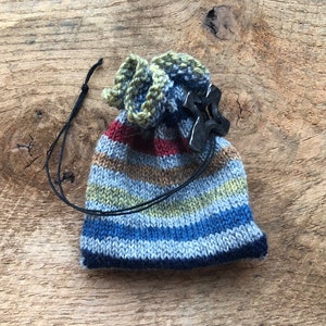 Hand Knit Pouch with Hand Forged Split Cross Pendant: Subdued Rainbow