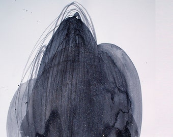 May include: An abstract ink and watercolour painting on a white background featuring layered dark grey and black washes. The composition includes fine, overlapping black lines that create a dense, web-like texture over the central dark shapes.