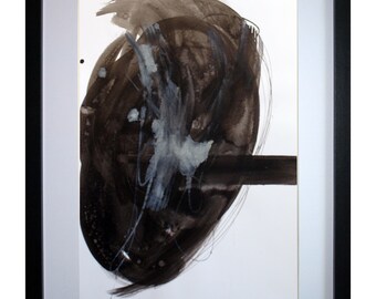 May include: An abstract ink painting on white paper featuring dark brown and black circular brushstrokes with a central grey wash and a horizontal black line, all encased in a simple black frame with a white mat border.