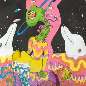 Cute Trippy Psychedelic Lisa Frank Space Rainbow Weird Dolphin Alien Art Print