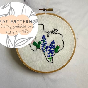 Texas state bluebonnets and cactus embroidery pattern // Digital Download Only!