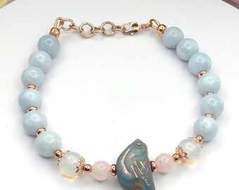 Aquamarine Bracelet with Czech Glass Blue Bird, Rose Gold Filled, Spring Bracelet, March Birthstone, Mother's day Gifts