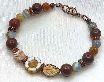 Multi Jasper Gemstone Bracelet • Hand-Carved Leaves, Czech Glass Flower, Antique Copper Clasp