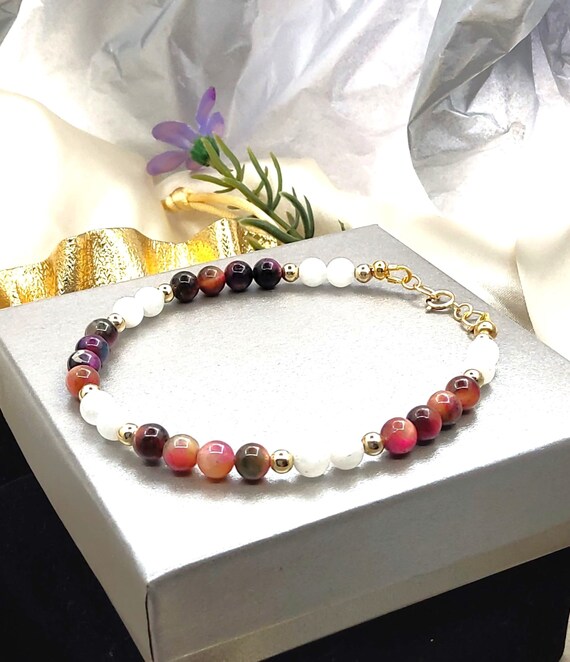 Rainbow Moonstone Bracelet Pink Sky Tiger Eye Gemstone Bracelet