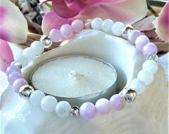 Kunzite & Rainbow Moonstone Bracelet with Sterling Silver accents, Clasp Options, Stretch Bracelet, free sizing, 7 1/2 inch