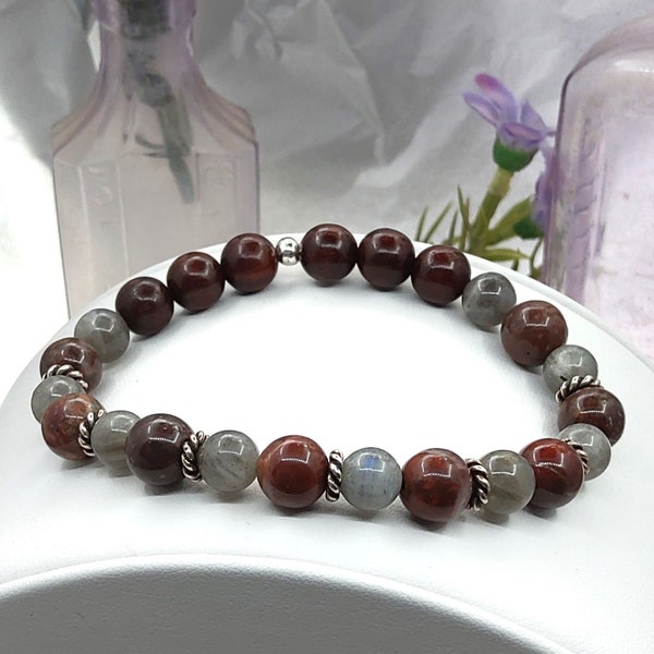 Men's 7 1/2 inch Stretch Bracelet, Labradorite, Brecciated Jasper, Rosewood, Antique Silver Decorative Beads from Tierra Cast, Free Sizing