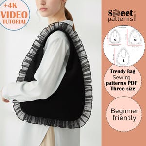 Puede incluir: Un bolso negro estilo hobo con un borde de tul con volantes. El bolso se presenta con una guía de patrón de costura digital titulada Sweet patterns by Hanna, que muestra tres tamaños S, M y L con dimensiones en cm y pulgadas.