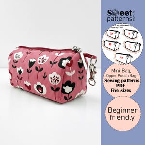 May include: A pink floral print mini bag with a zip closure and a silver clasp. The bag has a pattern of white, black, and red flowers. The image also includes a diagram of the bag's sizes and text that says "Mini Bag, Zipper Pouch Bag, Sewing patterns, PDF, Five sizes, Beginner friendly."