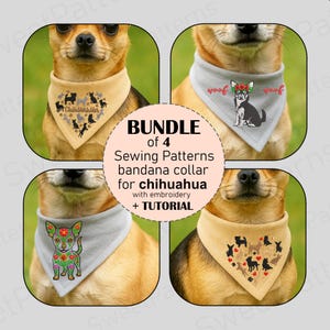 以下が含まれることがあります： チワワ用バンダナカラーの刺繍とチュートリアル付きの4つの縫製パターンのバンドル。画像には、それぞれチワワとテキストが特徴の4つの異なるバンダナデザインが表示されています。