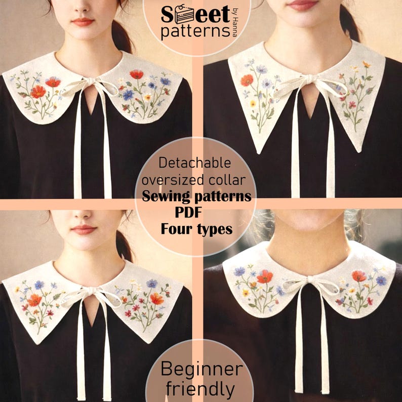 Collar Detachable Sewing Pattern PDF, 4 types, Women's Detachable Peter Pan, Oversized Pattern, Collar Sewing Pattern Bundle, False Collar image 4