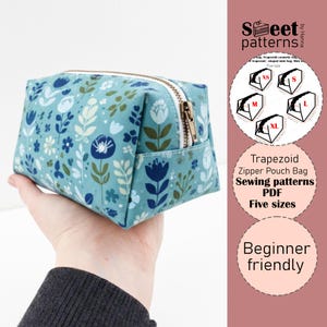 Kosmetiktasche Schnittmuster PDF, Trapez Boxy Pouch PDF Schnittmuster, Reißverschluss Box Tasche für Anfänger, 5 Größen
