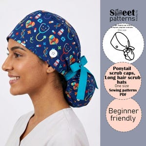 May include: A navy blue scrub cap with a medical-themed pattern, featuring stethoscopes, pills, and DNA strands. The cap has a button detail and a turquoise bow. The image also includes text that says "Ponytail scrub caps, Long hair scrub hats".
