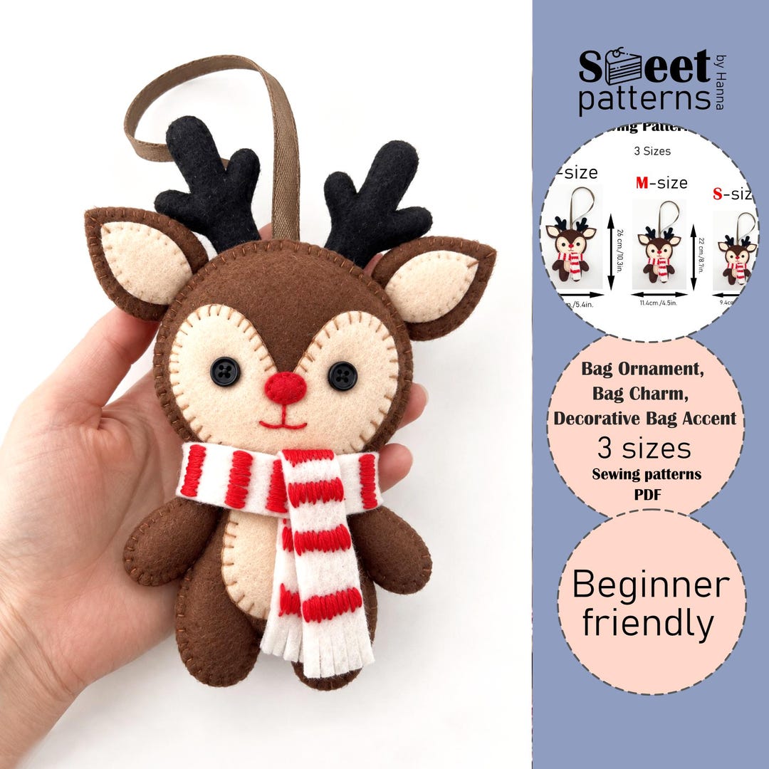 Bag Charm Christmas Reindeer Felt Sewing Pattern PDF, Felt Ornament