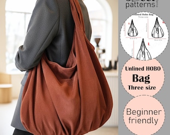 Boho Hobo Bag Sewing Pattern PDF , Bag sewing pattern, Photo Tutorial, Three size, Unlined Tote Bag, Beginner Friendly, Handbag pattern