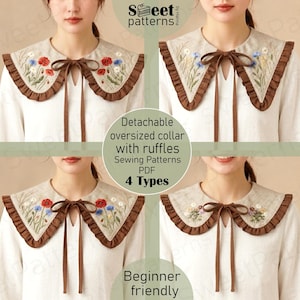 May include: Four detachable oversized collars with brown ruffled edges and brown ribbon ties. Each collar features different floral embroidery designs including red poppies, blue cornflowers, and mixed wildflowers on a light beige fabric base.