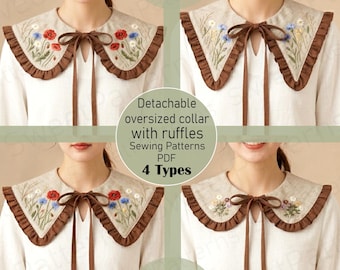 May include: Four detachable oversized collars with brown ruffled edges and brown ribbon ties. Each collar features different floral embroidery designs including red poppies, blue cornflowers, and mixed wildflowers on a light beige fabric base.
