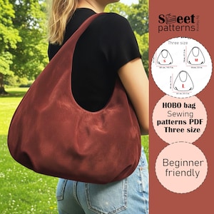 Puede incluir: Un bolso hobo de color óxido con una correa curva para el hombro. La imagen incluye un gráfico con tres opciones de tamaño: S (50 cm), M (55 cm) y L (64 cm). El texto en el gráfico dice "HOBO bag Sewing patterns PDF Three size Beginner friendly."